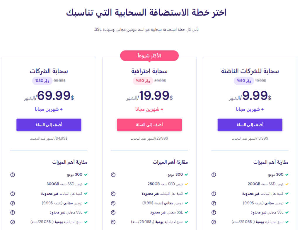 خطط الاستضافة السحابية